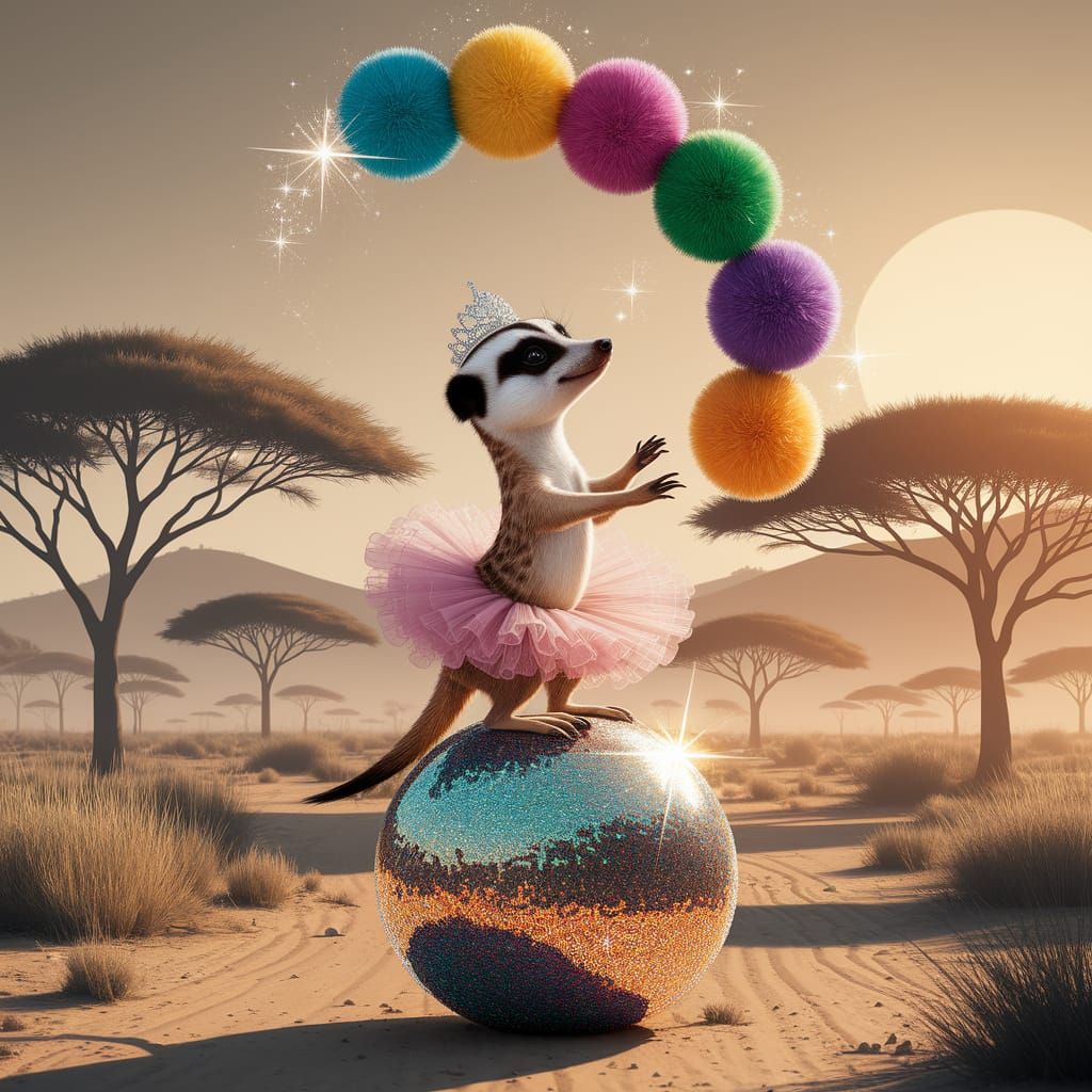 Meerkat Ballerina Juggling Pompoms on the Savannah