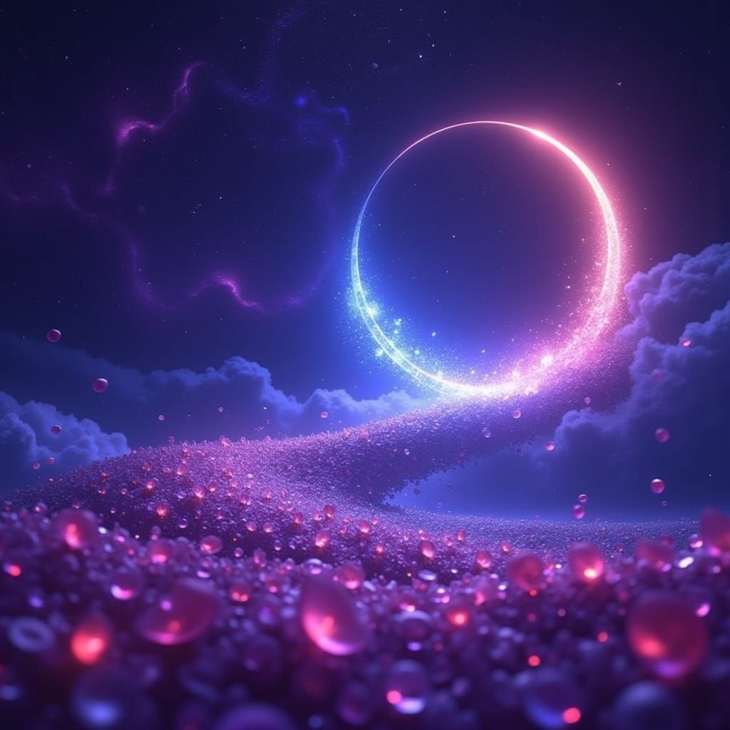 Majestic Starfield with Luminous Moon and Glittering Crystal...