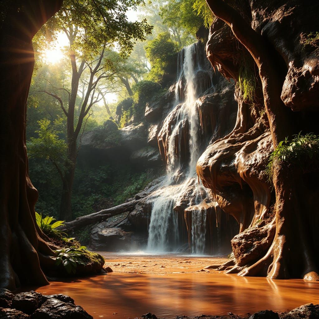 Chocolate Waterfall in a Lush Chocolate Rainforest