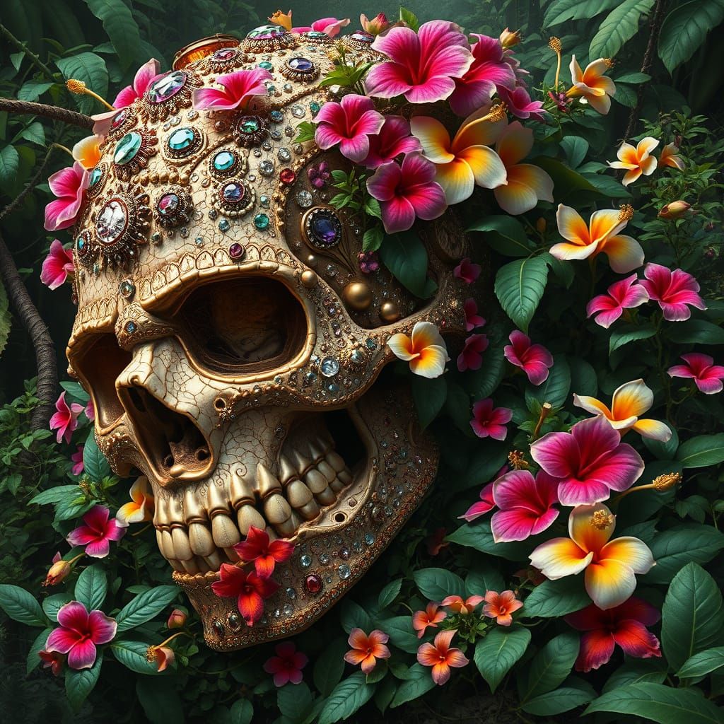 Surreal Skull in Lush Garden, Encrusted with Precious Stones