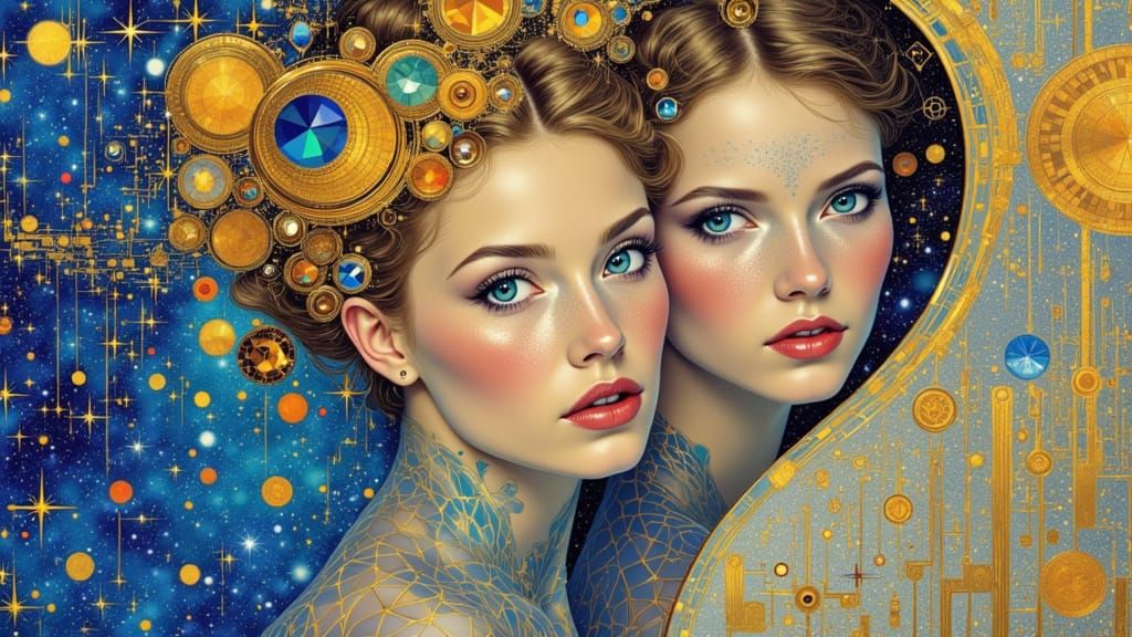 Klimt-Inspired Woman with Glass Skin and Spaceship