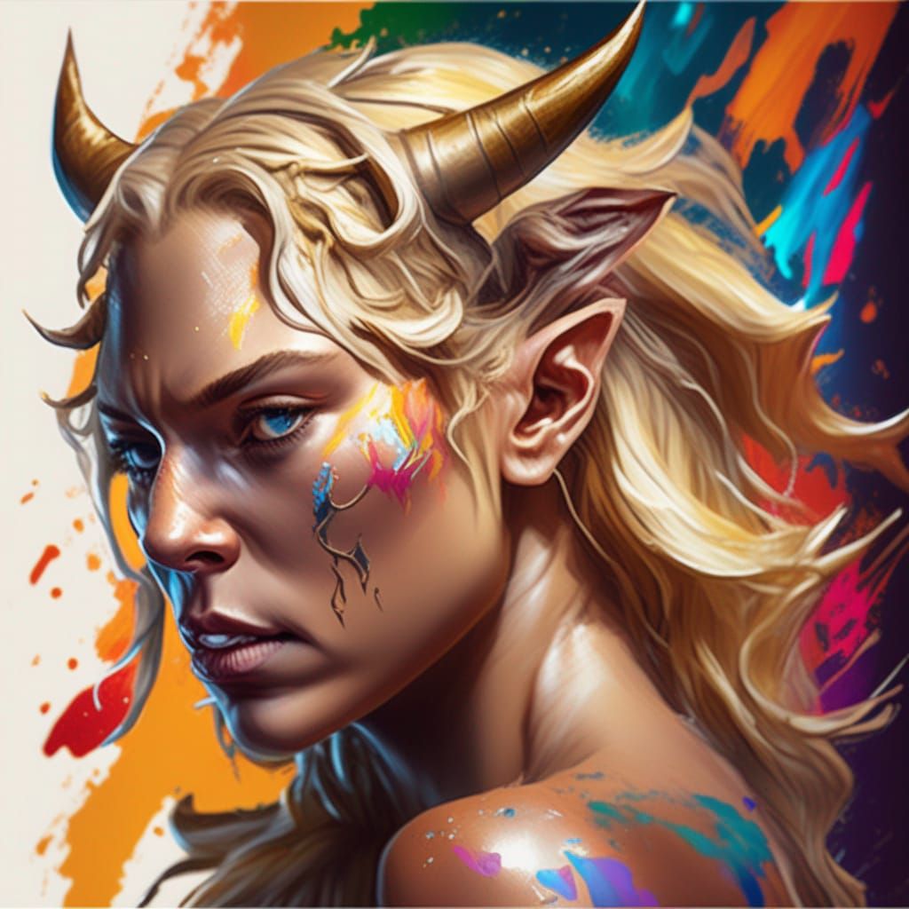 Elegant Blonde Minotaur Woman in Hyperrealistic Splash Art