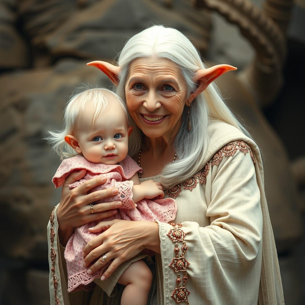 An elven grandmother holding her toddler granddaughter
