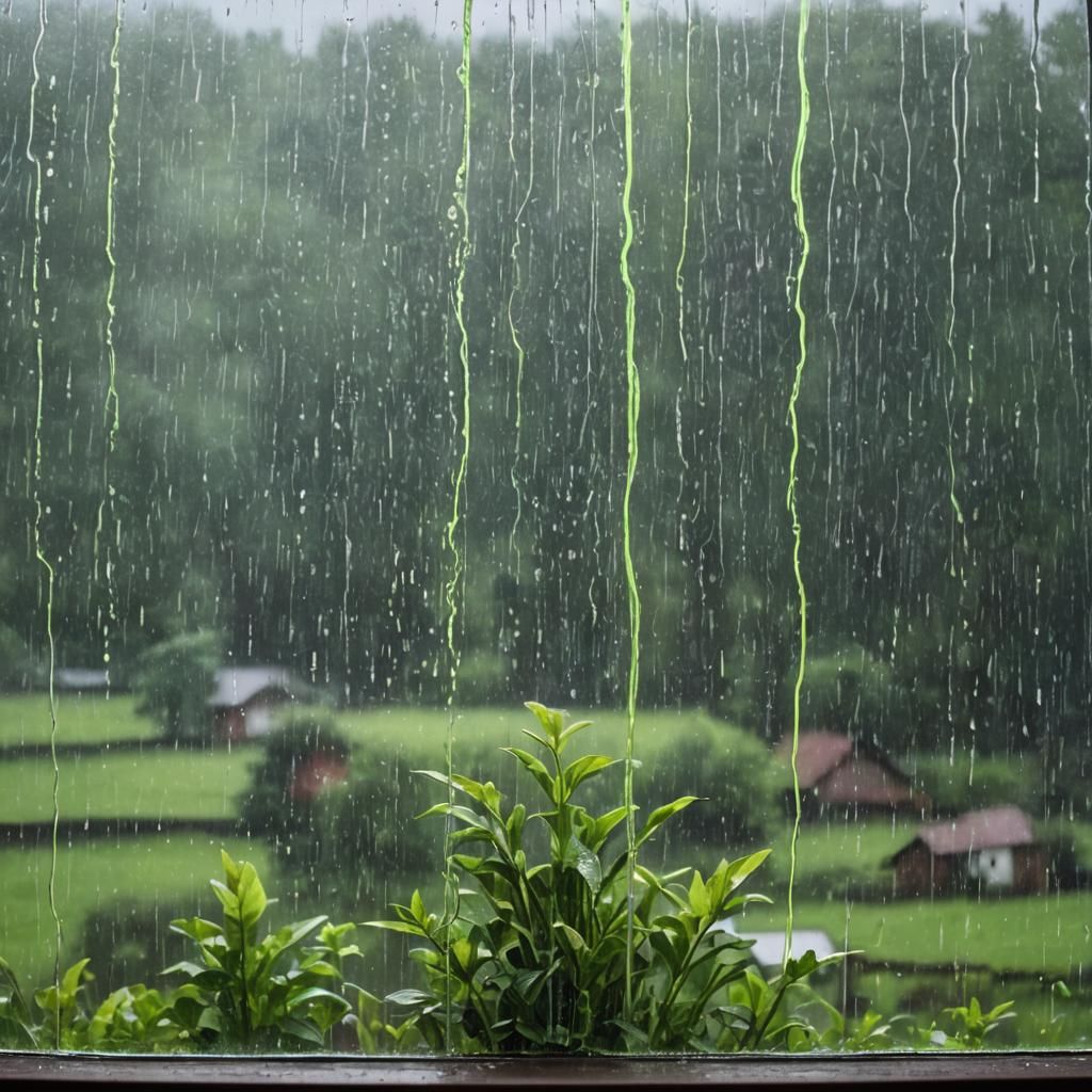 Neon Raindrops on Rural Window Scene
