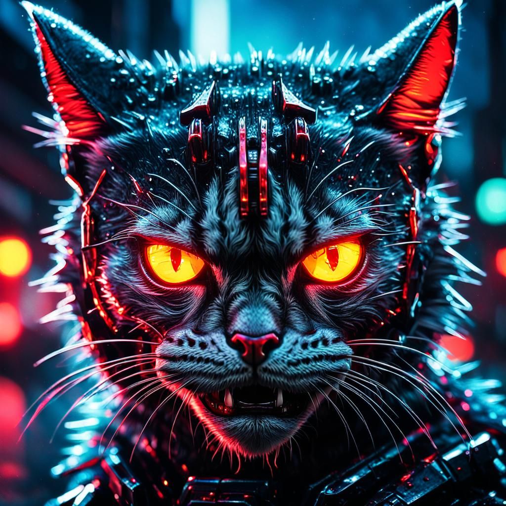 Cyberpunk Robot Cat Portrait: Moody Close-up