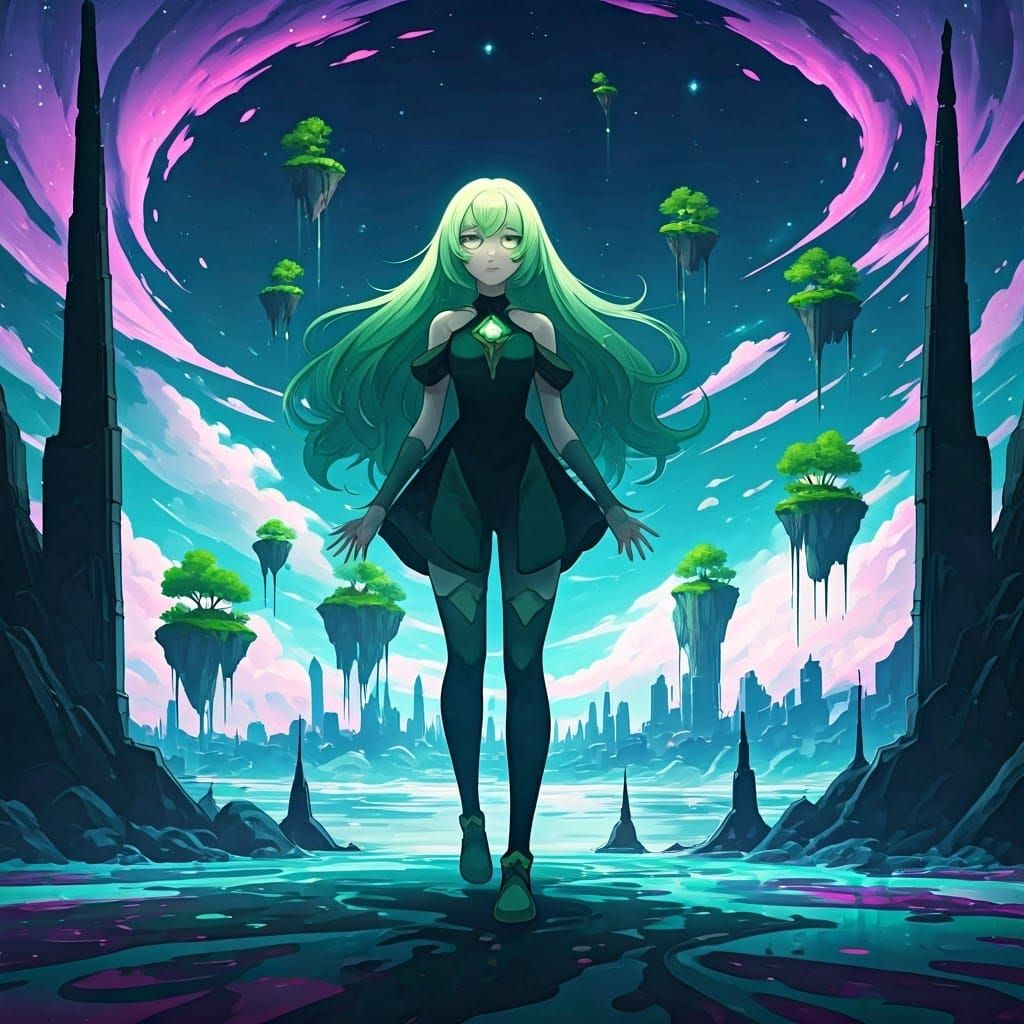 Ancient Wisdom Anime Girl Strolls Through a Vibrant Cityscap...