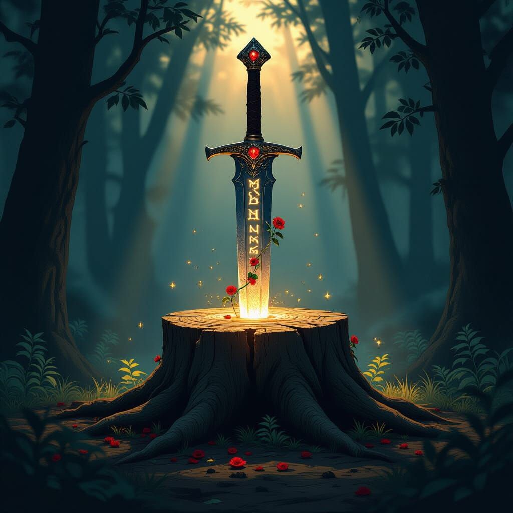 Mystical Broadsword Stump in Dark Forest