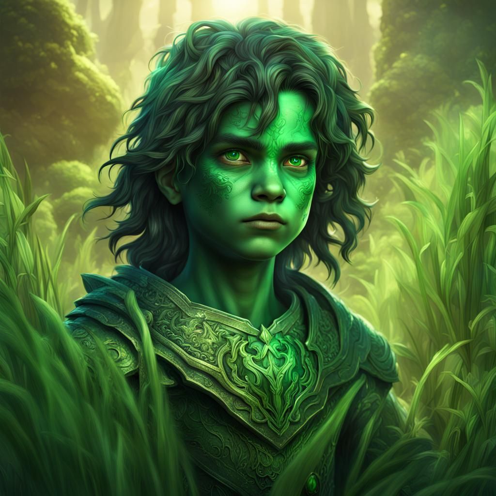 Green-Skinned Boy with Emerald Eyes: Fantasy Art