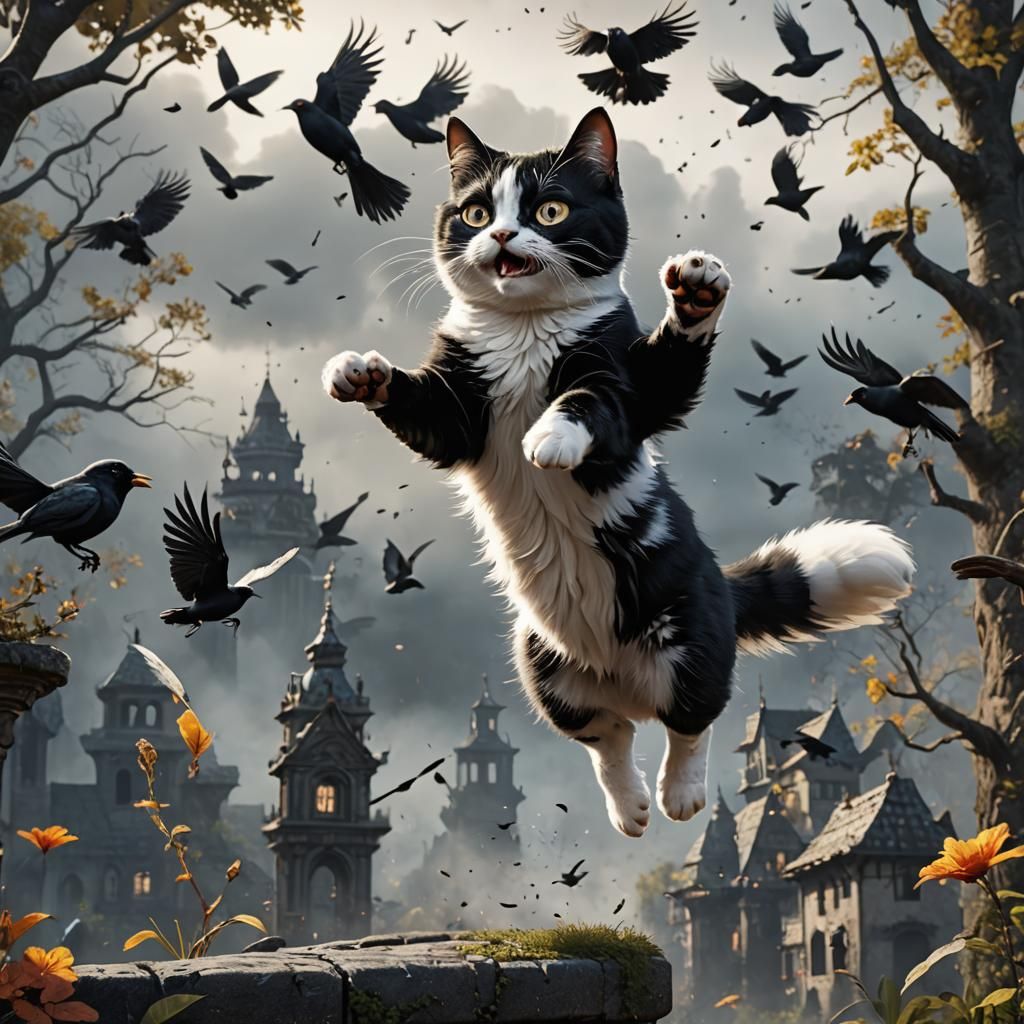 Cat and Bird in Detailed Matte Painting