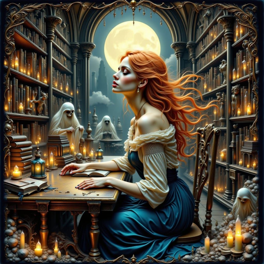 Celestial Librarian in Gothic Cathedral, Art Nouveau Style
