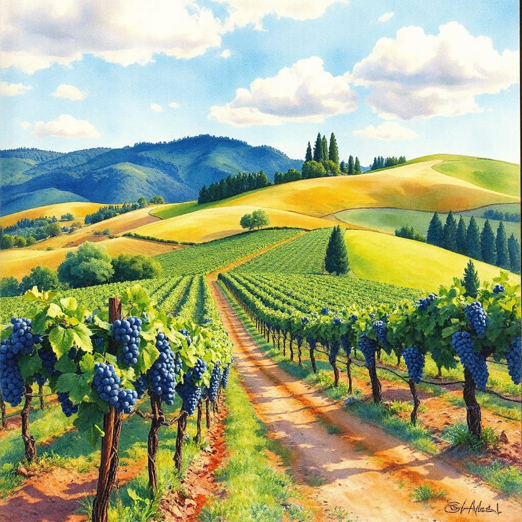 Whimsical Watercolor Landscape with Grapevines