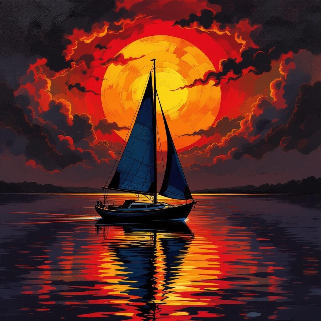 Dramatic Sailboat Under Fiery Red Sun