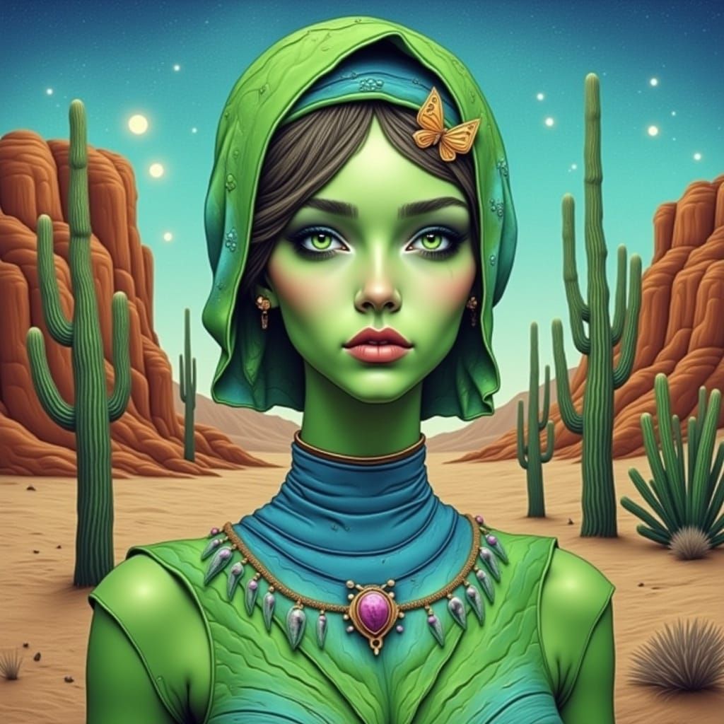 Martian Girl with Green Eyes in Desert Landscape