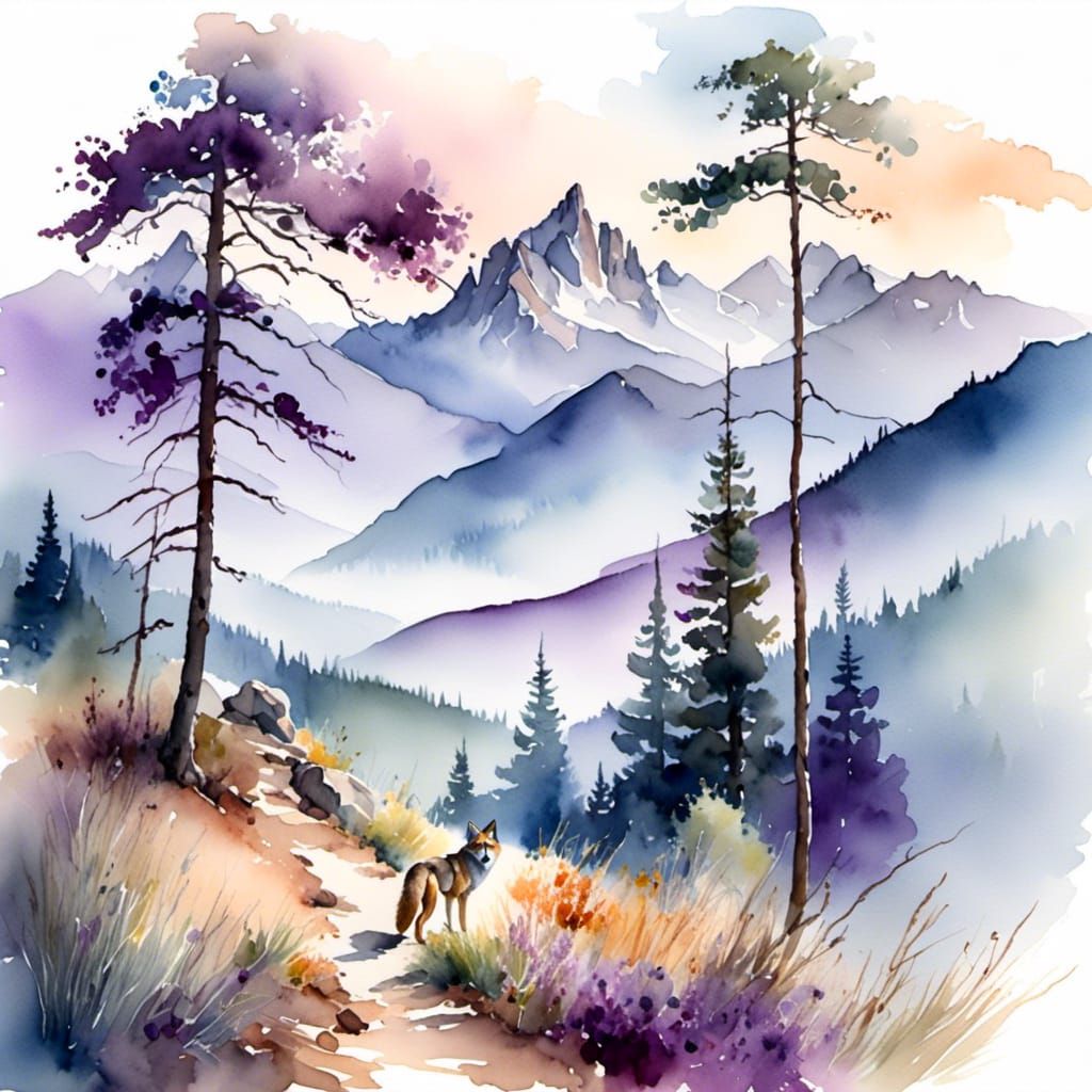 Coyote in Misty Mountains: Bob Ross Style