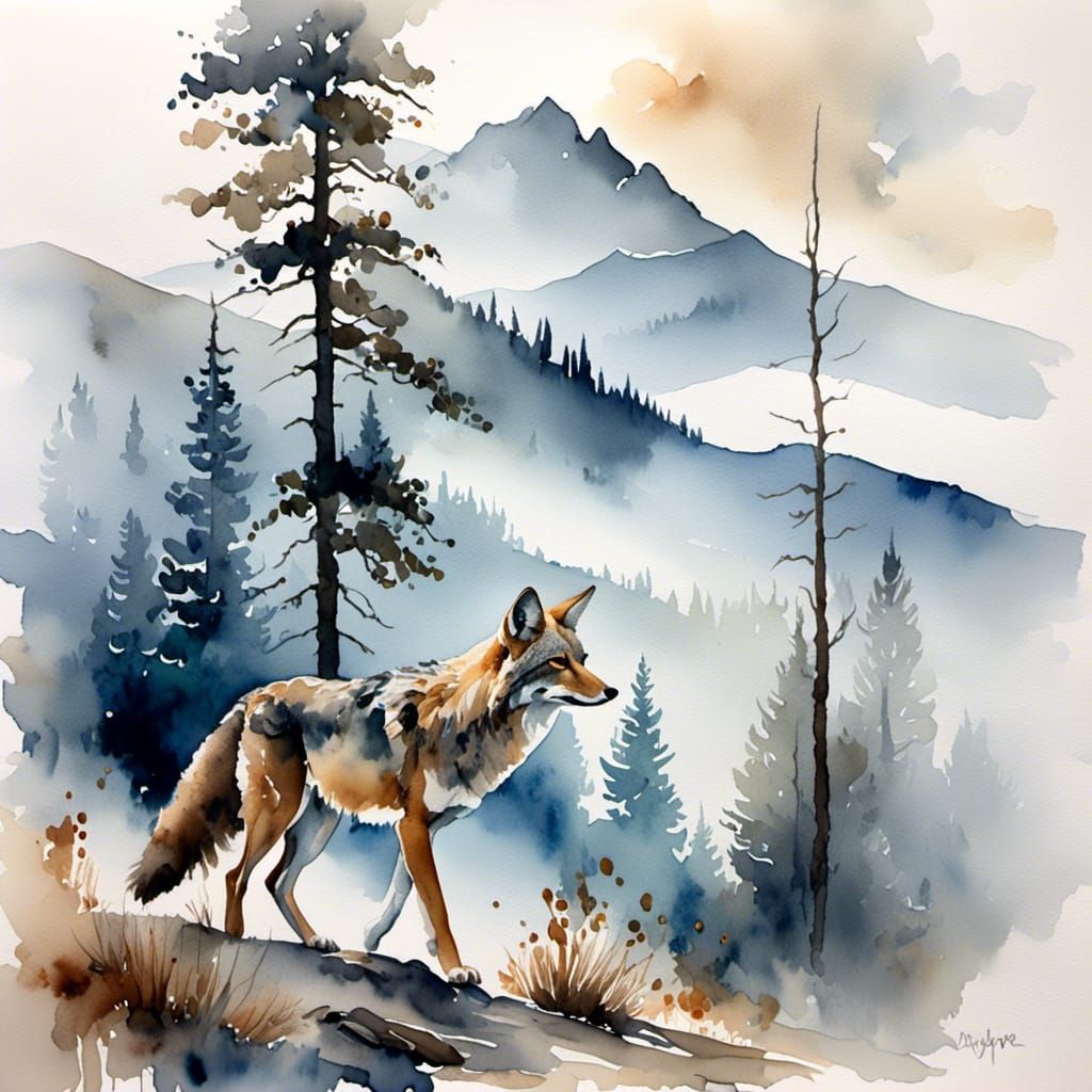 Coyote in Misty Mountains: Watercolor Landscape