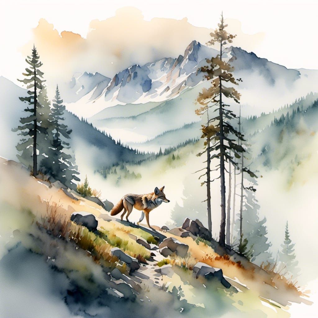 Coyote Walks Through Misty Mountain Landscape