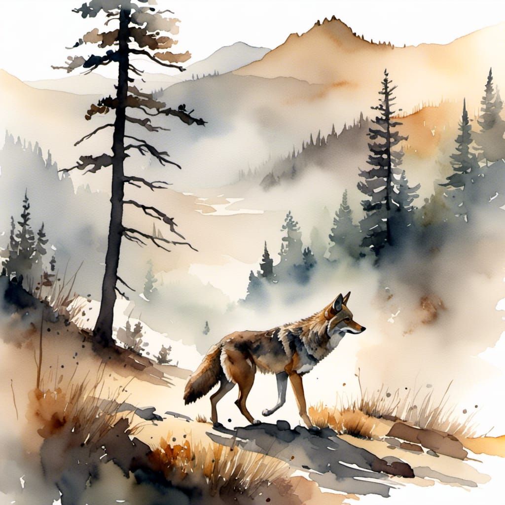 Coyote in Misty Mountains: Cinematic Watercolor Style