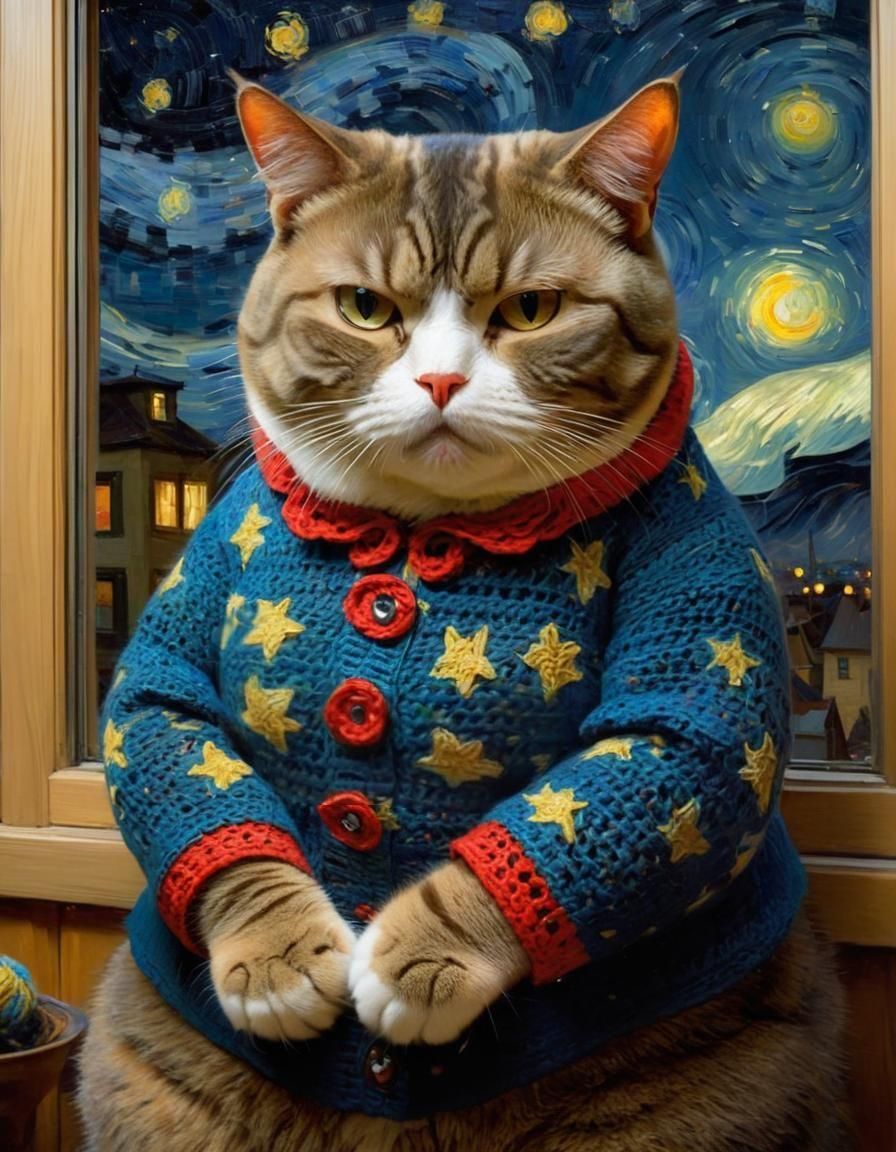 Grumpy Cat in Starry Night Oil Painting