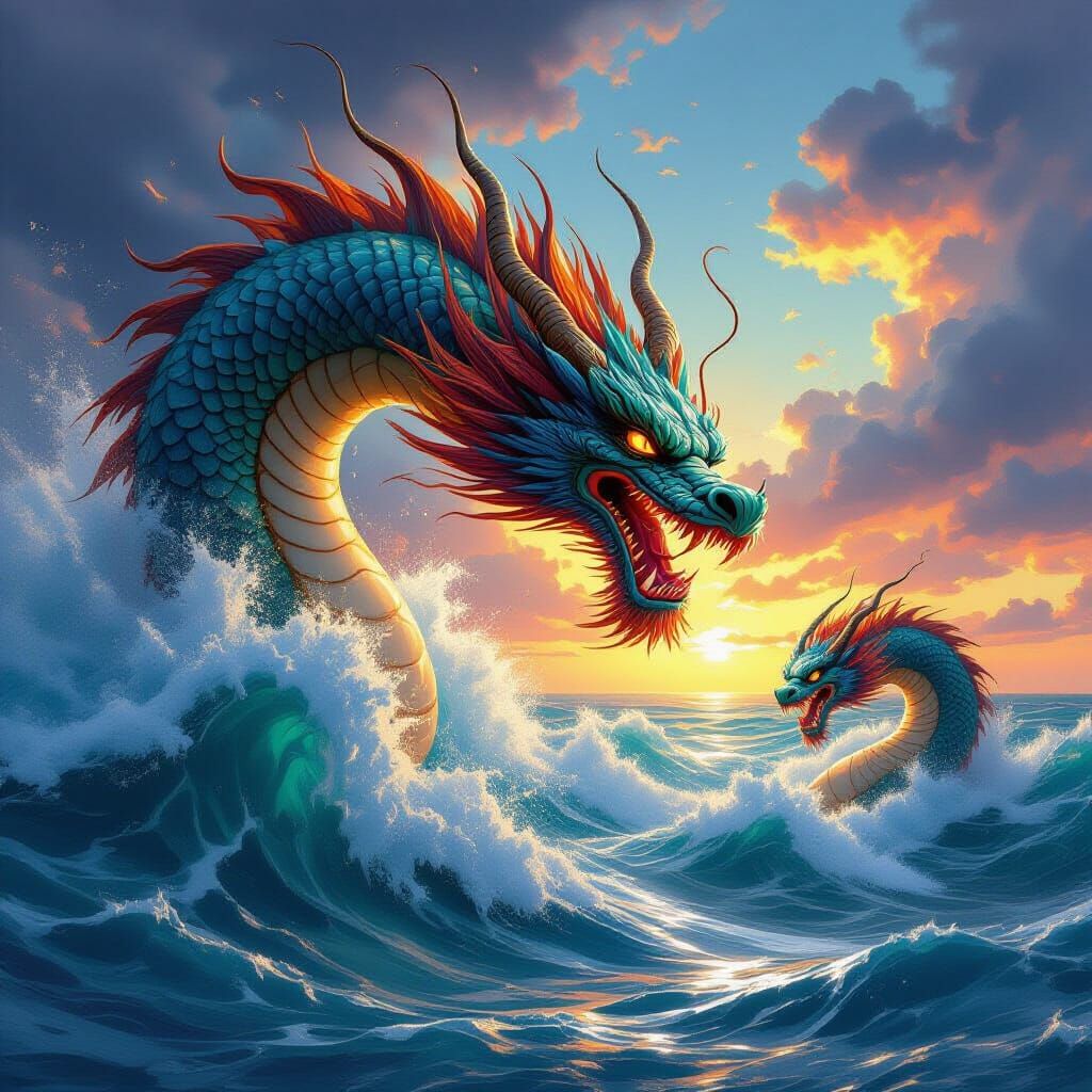 Colossal Water Dragons in Stormy Seas