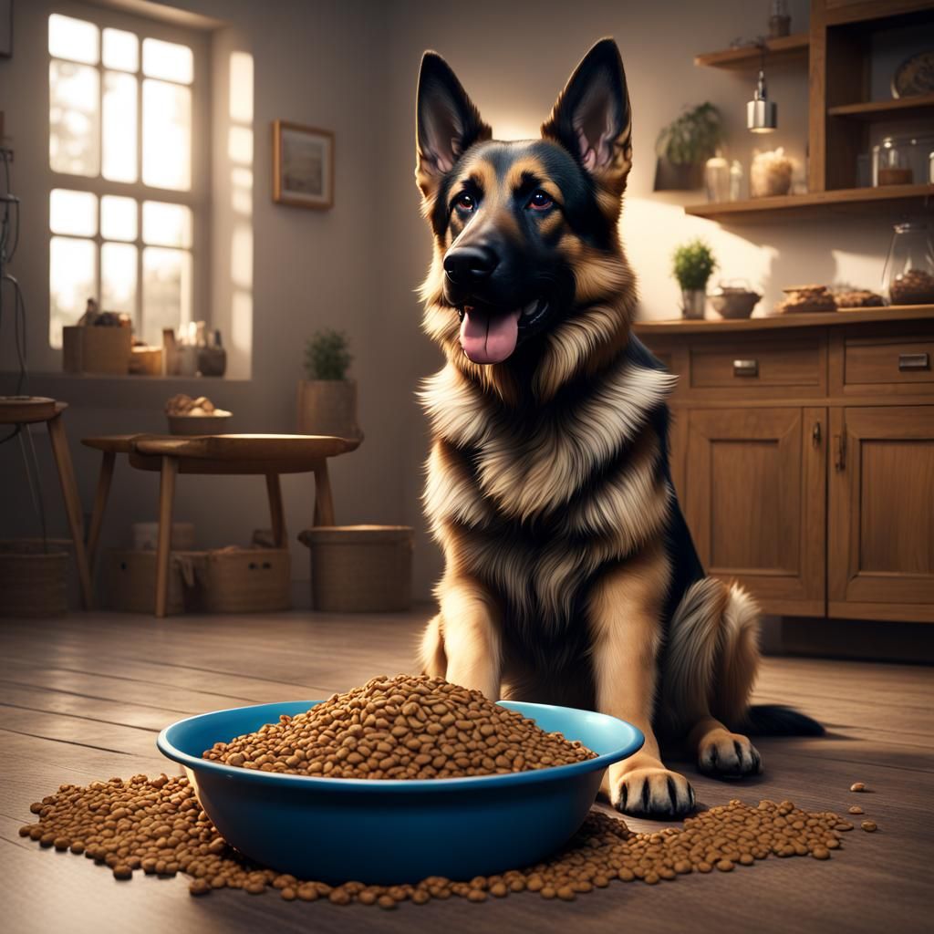 Cute German Shepherd Eating: Hyperrealistic Digital Art