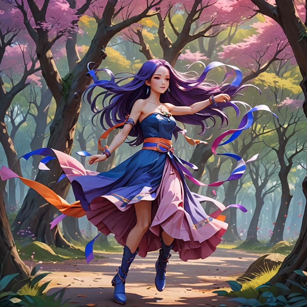 Anime Maiden Twirling in a Pink and Blue Forest
