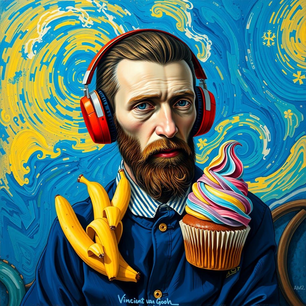 Van Gogh with Headphones in Neo-Expressionist Style