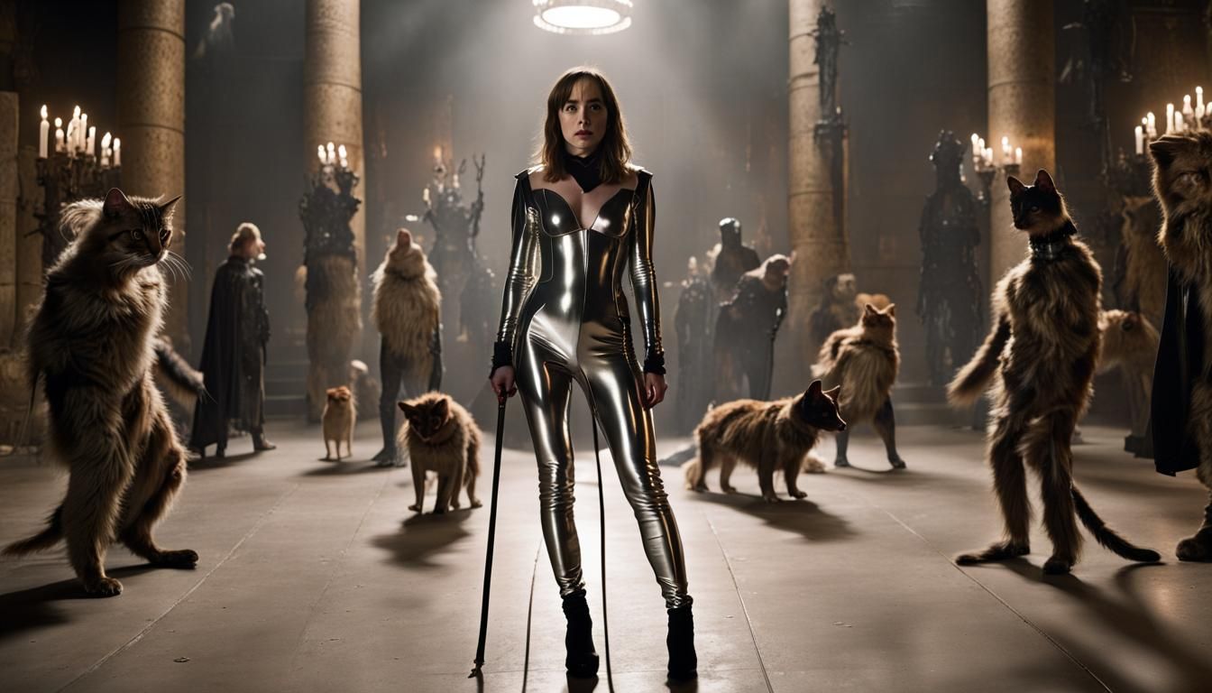 Woman in Latex Catsuit in Dungeon Scene