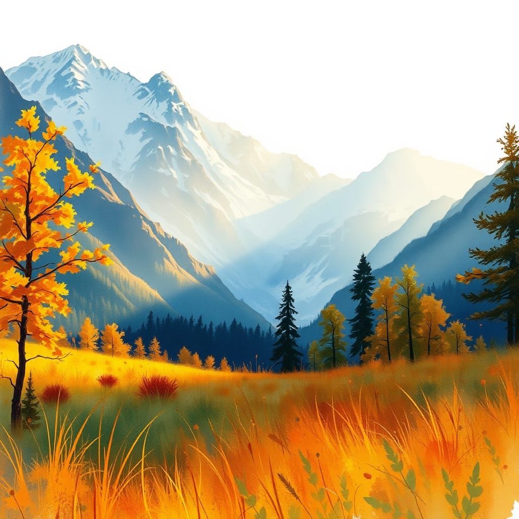 Autumn Meadow Landscape in Liquid Ink Style