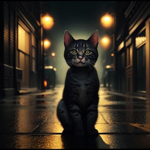 Kitten Eats Hamburger in Rainy City, Film Noir