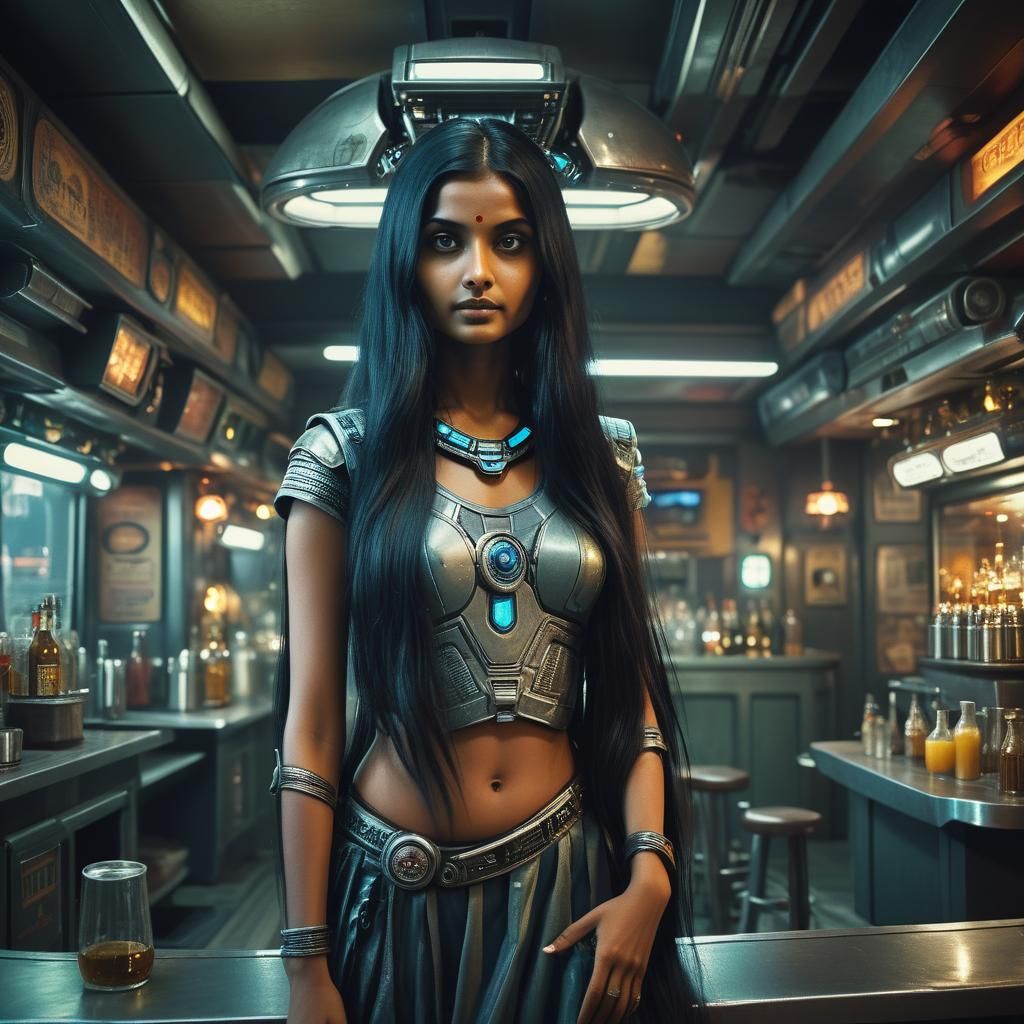 Futuristic Hindu Woman in Tavern: Hyperrealistic Portrait