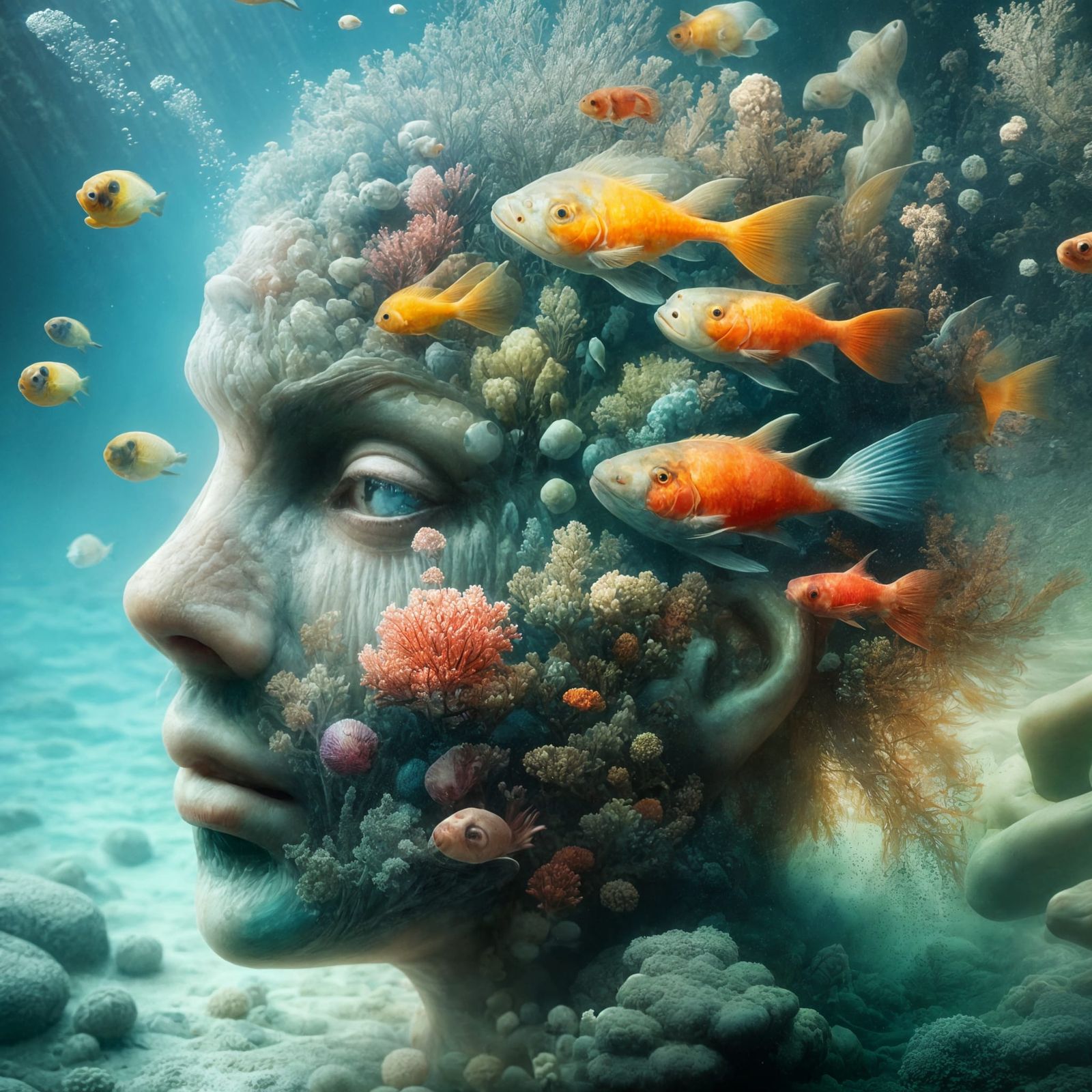 Underwater Dreamscape: Head Morphing into Coral Reef