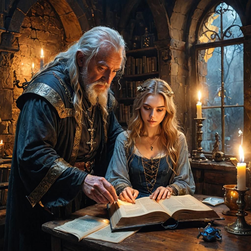 Medieval Sorcerer Shows Magic Book in Lair