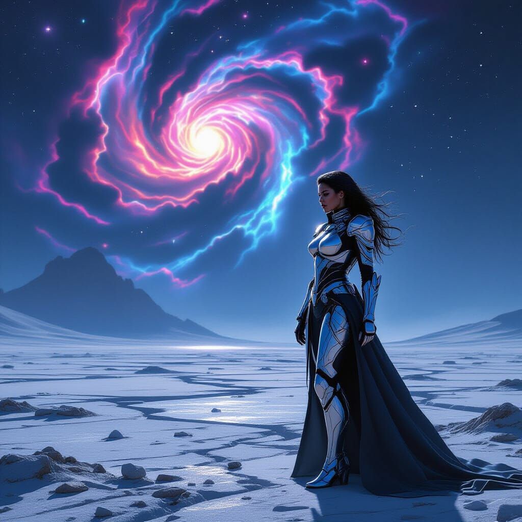 Woman in Futuristic Armor Under Nebula Sky