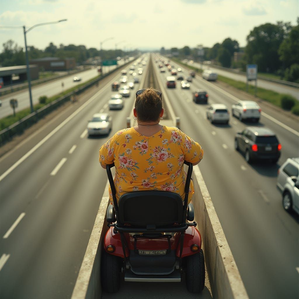 Dramatic Overpass Jump on Mobility Scooter