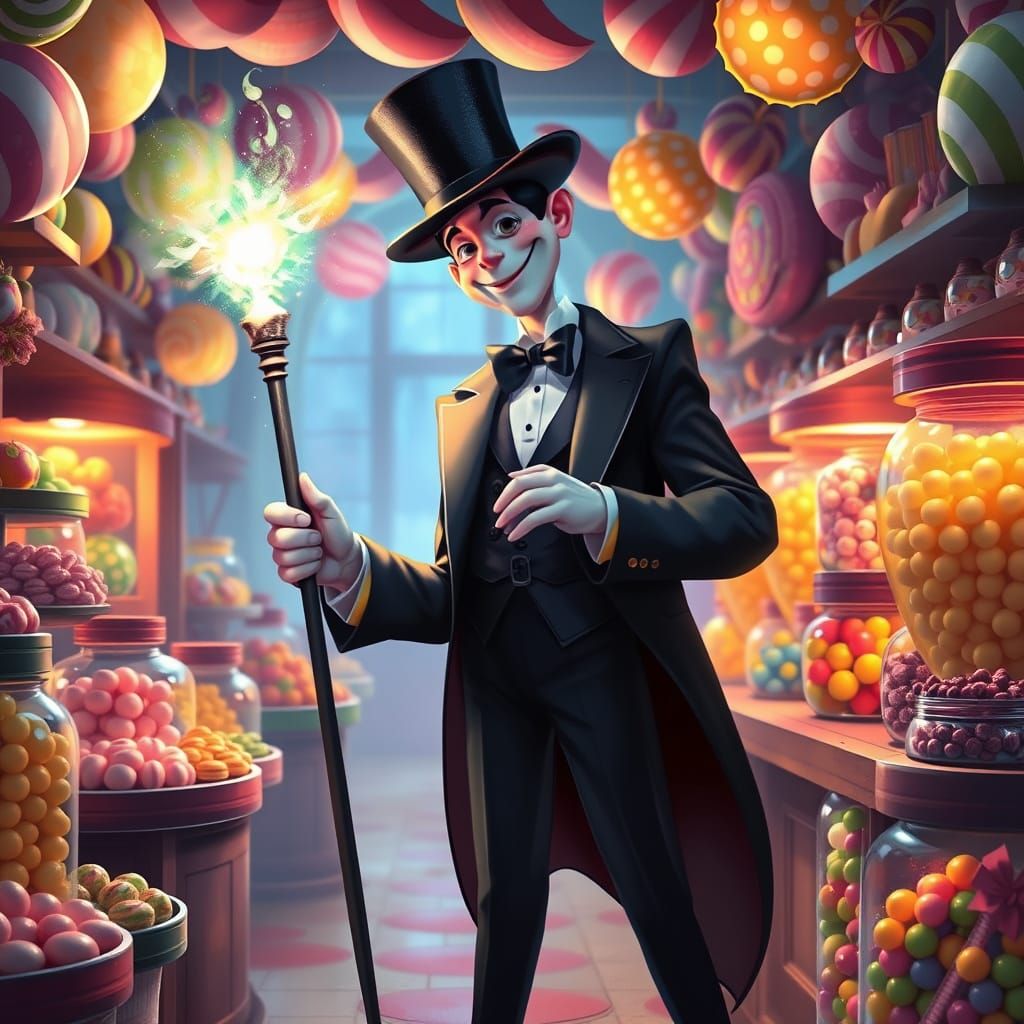 Magician Performs Tricks in Vibrant Candy Shop