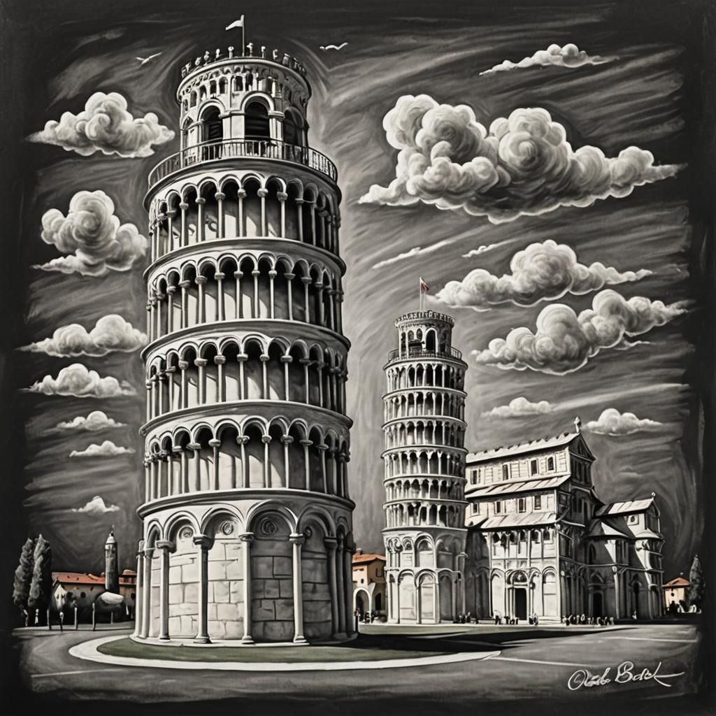 Leaning Tower of Pisa, chalk art, style Bodeck