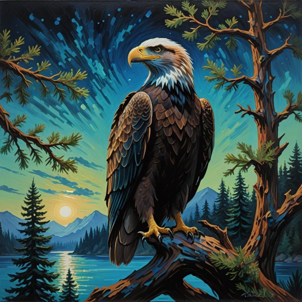 Bioluminescent Eagle in Impressionistic Oil Painting