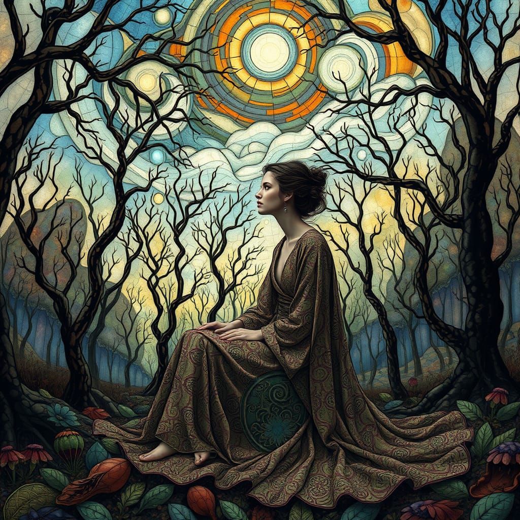 Surreal Forest Glade with Intricate Stained Glass Trees
