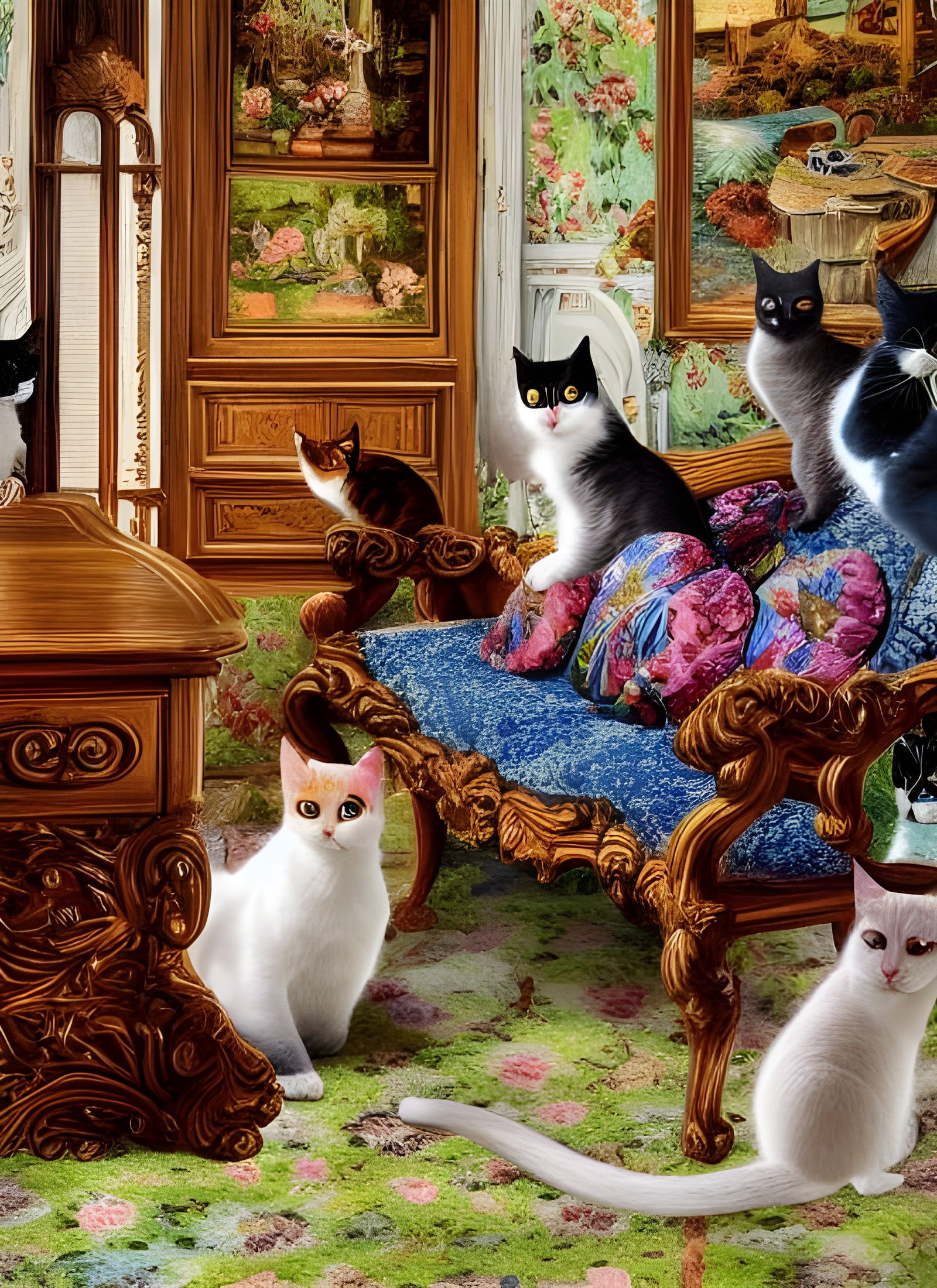 Cats on Antique Furniture in Dreamlike Style
