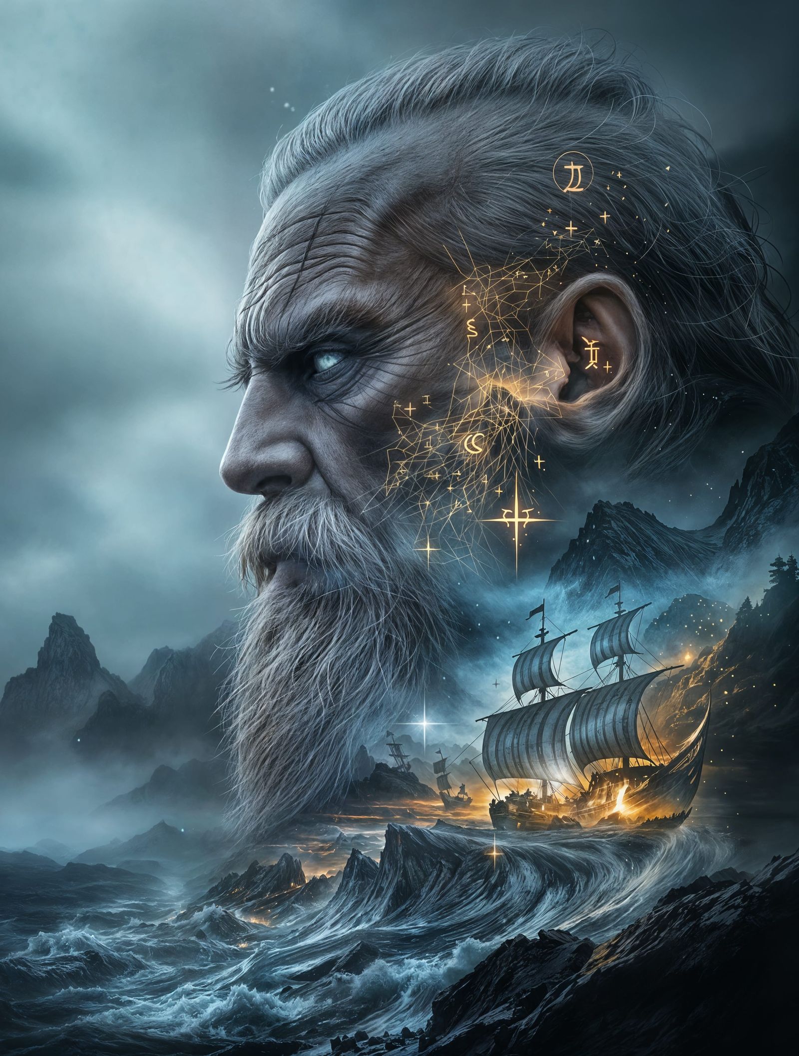 Viking Seer Envisions Destiny Amidst Stormy Fjord