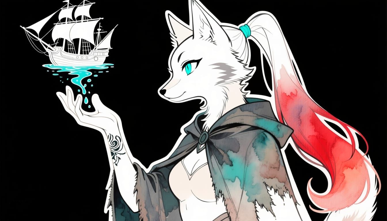 Anime Lynx Witch Conjures Water Galleon in Watercolor