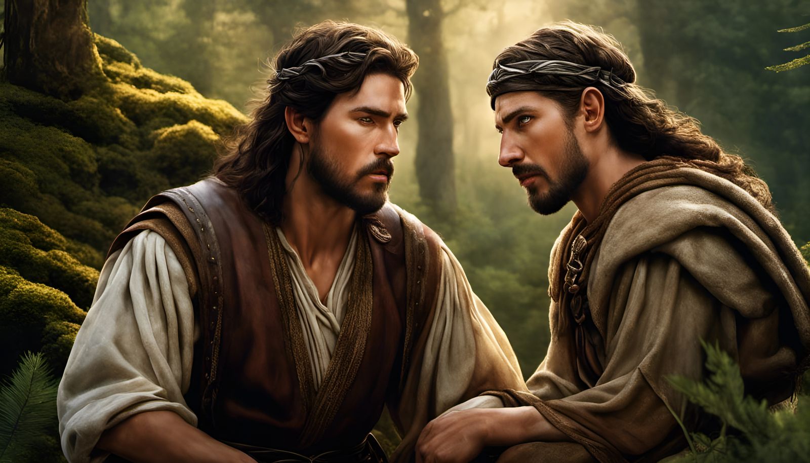 Biblical Scene: Two Men Weeping in Forest