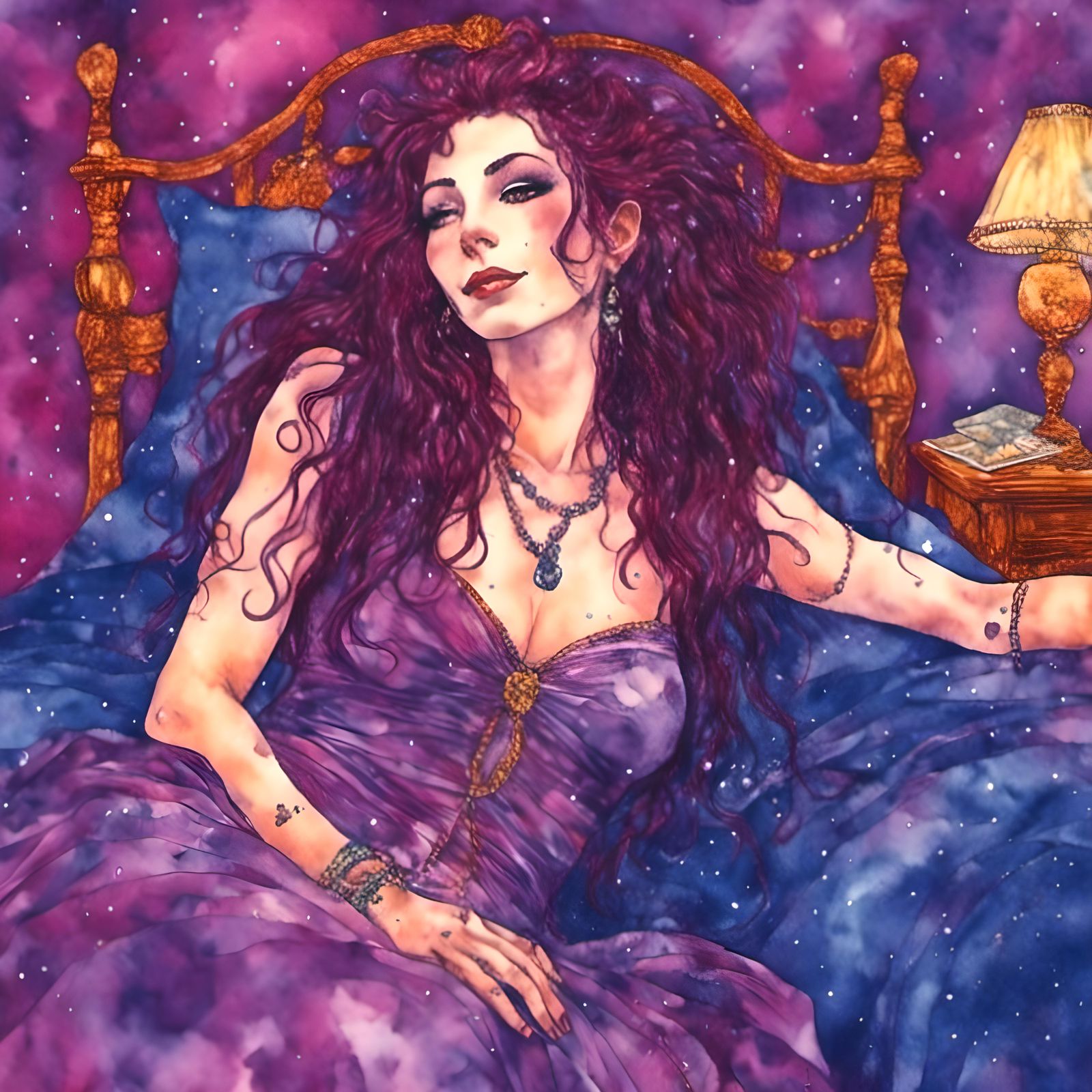 Woman in Purple Dress Sitting on Bed