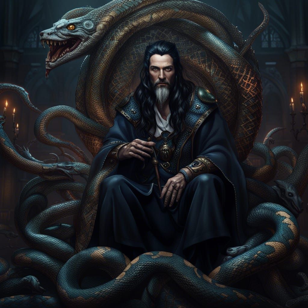 Gothic Wizard Surrounded by Serpents: Detailed Matte Paintin...