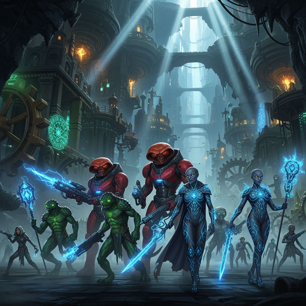 Alien Cityscape in Neon and Arcane Light