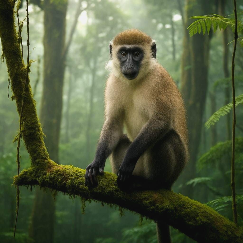 Vervet monkey sitting high in the jungle.