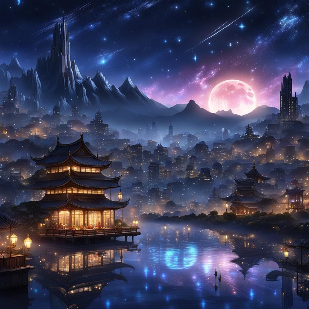 Enchanting Cityscape Under Starry Skies: Anime Style
