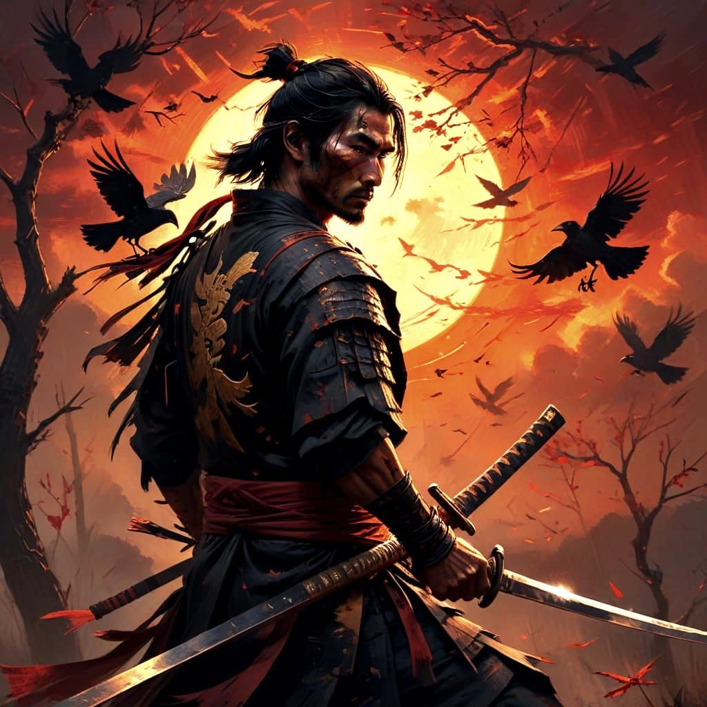 Samurai Sword Sunset in Digital Oil Painting