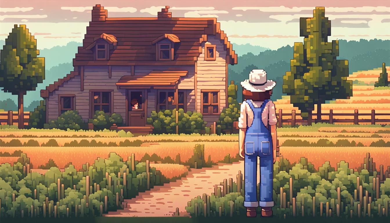 Pixel Art Farmhouse Scene with Retro Video Game Vibe