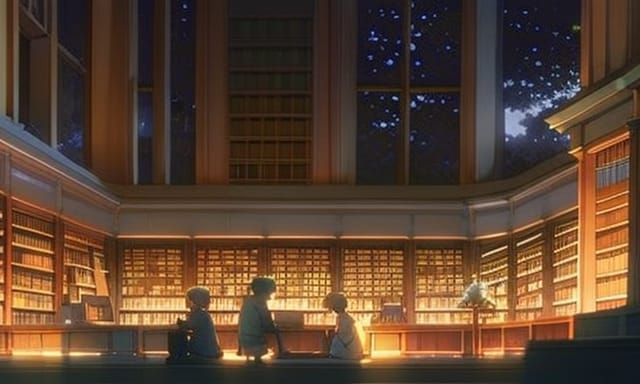 Anime Night Library in Studio Ghibli Style